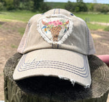 Beige Hat with Cow Bull Skull and Flowers Patch Hat