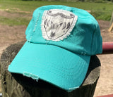 Turquoise Hat with Cow Bull Skull and Feathers Patch Hat