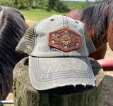 Olive Green Trucker Hat with Tooled Leather Flowers Patch Hat