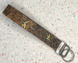 Ready to Ship Gold Dragonfly Daisy Flowers Leather Keychain Wristlet - Tooled Leather Key Chain Loop Lanyard - Gift for Her