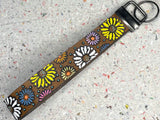 Multi Color Rainbow Sunflower and Daisy Flowers Leather Keychain Wristlet - Tooled Leather Key Chain Loop Lanyard
