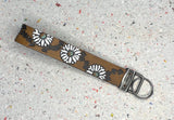Ready to Ship White Sunflower Daisy Flowers Leather Keychain Wristlet - Tooled Leather Key Chain Loop Lanyard - Gift for Her