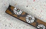 Ready to Ship White Sunflower Daisy Flowers Leather Keychain Wristlet - Tooled Leather Key Chain Loop Lanyard - Gift for Her