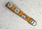 White and Purple Daisy Flowers Leather Keychain Wristlet - Tooled Leather Key Chain Loop Lanyard