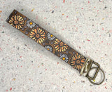 Ready to Ship yellow Sunflower Daisy Flowers Leather Keychain Wristlet - Tooled Leather Key Chain Loop Lanyard - Gift for Her