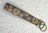 Ready to Ship yellow Sunflower Daisy Flowers Leather Keychain Wristlet - Tooled Leather Key Chain Loop Lanyard - Gift for Her