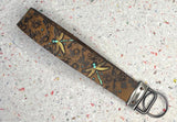 Ready to Ship Gold Dragonfly Daisy Flowers Leather Keychain Wristlet - Tooled Leather Key Chain Loop Lanyard - Gift for Her