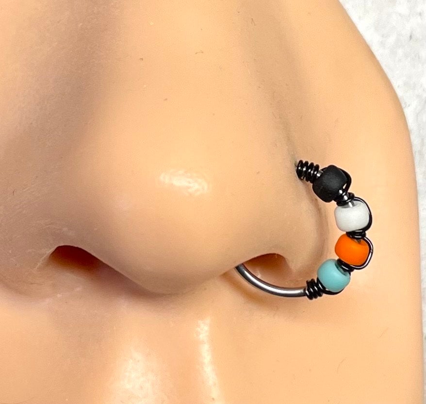 18g 20g Beaded Hoop Beaded Nose Hoop Nose Ring Cartilage Hoop Tragus Hoop  Black Orange Turquoise White