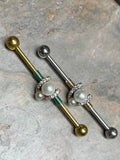 Double Pearl and CZ Horseshoe Industrial Barbell Silver or Gold