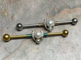 Double Pearl and CZ Horseshoe Industrial Barbell Silver or Gold