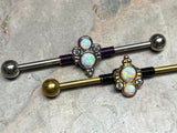 Double White Opal and CZ Industrial Barbell Silver or Gold