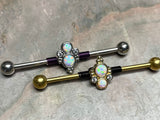 Double White Opal and CZ Industrial Barbell Silver or Gold