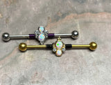 Double White Opal and CZ Industrial Barbell Silver or Gold