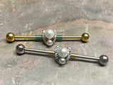 Double Pearl and CZ Horseshoe Industrial Barbell Silver or Gold