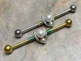 Double Pearl and CZ Horseshoe Industrial Barbell Silver or Gold