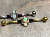 Double White Opal and CZ Industrial Barbell Silver or Gold