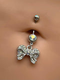 Silver Bow Belly Button Ring with AB Crystals