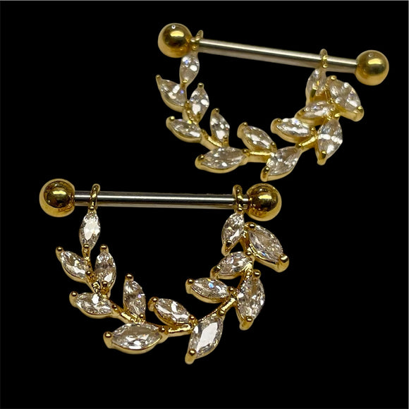 Gold 14g Nipple Shield Nipple Ring Nipple Piercing Vine Leaf Crystal
