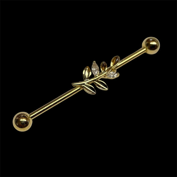 CZ Leaf Yellow Gold Industrial Barbell 14g 16g Scaffold