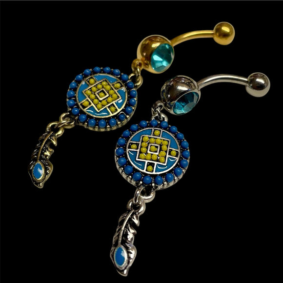Aztec and Feather Blue and Yellow Belly Button Rings