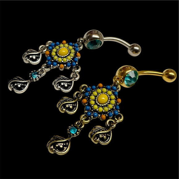 Yellow and Blue Boho Dangle Silver or Gold Belly Button Rings