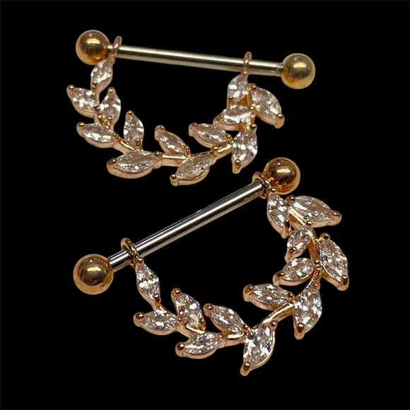 Rose Gold 14g Nipple Shield Nipple Ring Nipple Piercing Vine Leaf Crystal