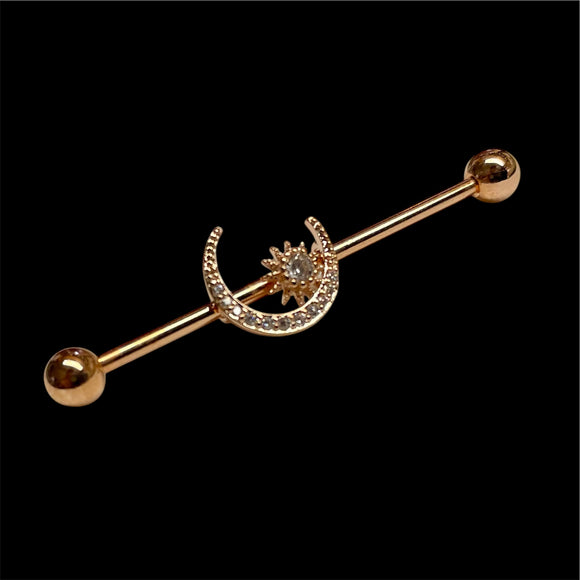Rose Gold Moon and Star Industrial Barbell