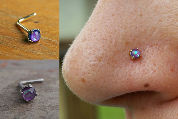 Purple Opal 14kt Gold Nose Ring Opal Gold Nose Stud L Bend 3mm Opal