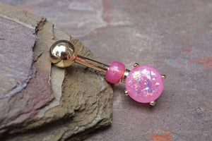 Pink Opal Glitter Gold Belly Button Ring Prong Set