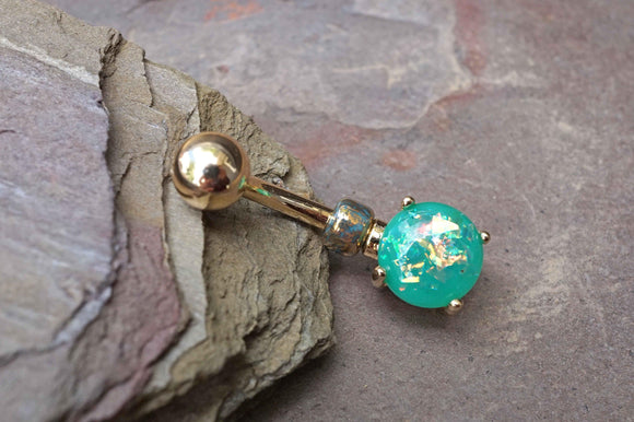 Green Opal Glitter Gold Belly Button Ring Prong Set