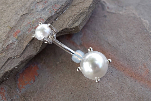 Pearl Prong Set Silver Belly Button Ring