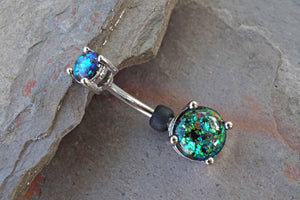 Black Opal Prong Set Silver Belly Button Ring