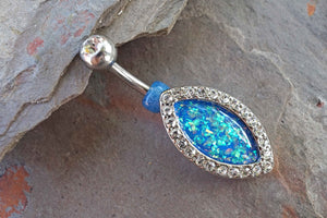 Blue Opal Oval Silver Belly Button Ring