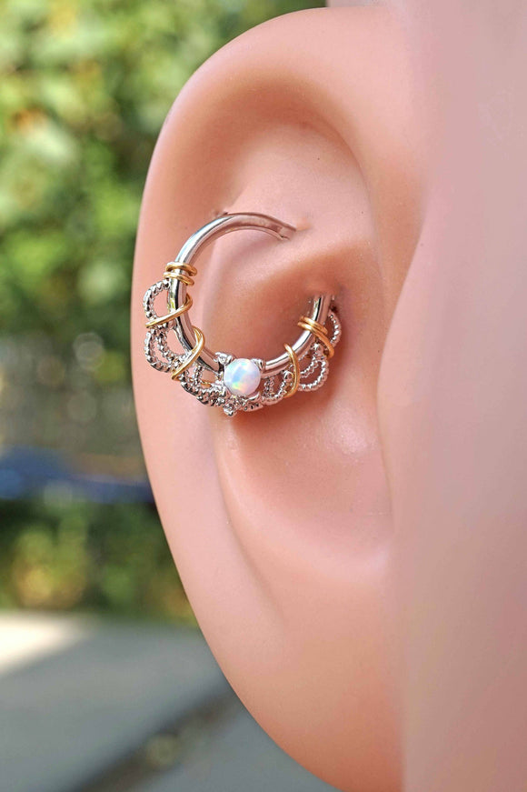 16 Gauge White Opal Silver Daith Rook Hoop Ring Daith Septum Hoop