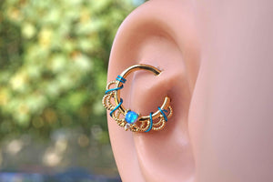 16 Gauge Blue Opal Gold Daith Rook Hoop Ring Daith Septum Hoop