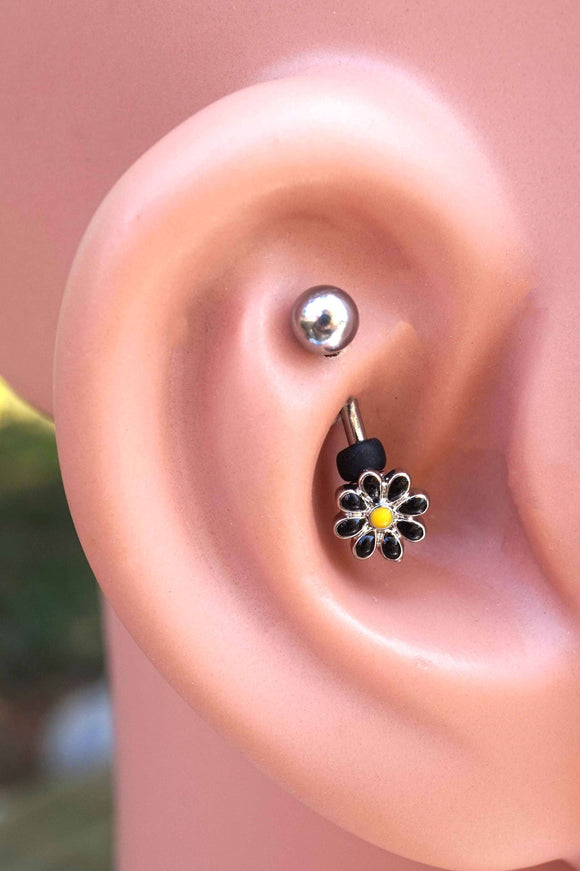 Black Daisy Silver Rook Earring Daith Piercing Eyebrow Ring