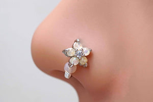 White Opal Flower Silver Nose Hoop Nose Ring 20G Nose Ring