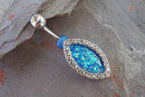 Blue Opal Oval Silver Belly Button Ring