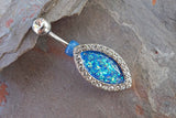 Blue Opal Oval Silver Belly Button Ring