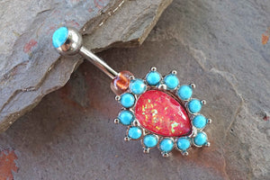 Pink Opal Turquoise Silver Belly Button Ring