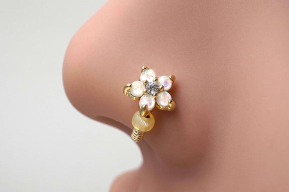 White Opal Flower Gold Nose Hoop Nose Ring 20G Gold Nose Ring