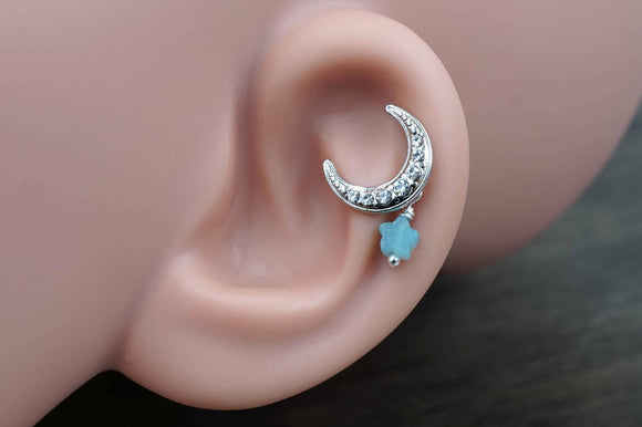 Silver Moon and Star Stud Cartilage Earring Piercing 16g