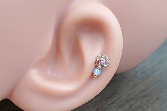 Pink Opal Flower Silver Tragus Cartilage Helix Earring Piercing 16g