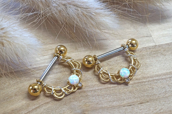 White Opal Gold 14g or 16g Nipple Shield Nipple Ring Nipple Piercing