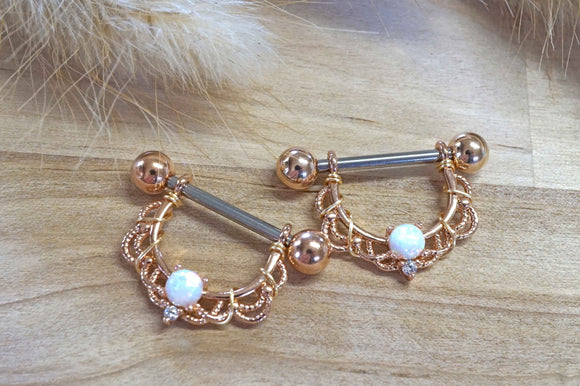 White Opal Rose Gold 14g or 16g Nipple Shield Nipple Ring Nipple Piercing