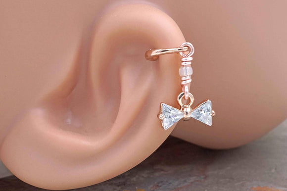 Crystal Bow Beaded Rose Gold Stud Cartilage Hoop Earring Piercing 16g