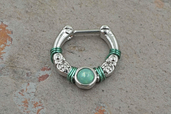 16 Gauge Mint Green Opal Vintage Septum Ring Clicker Bull Ring Nose Piercing Daith