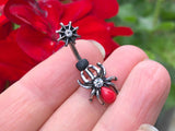 Short Belly Ring Black and Red Spider and Web Belly Button Ring