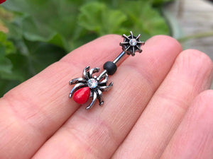 Short Belly Ring Black and Red Spider and Web Belly Button Ring