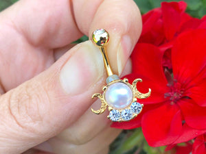 Crescent Moon Pearl Gold Belly Button Ring